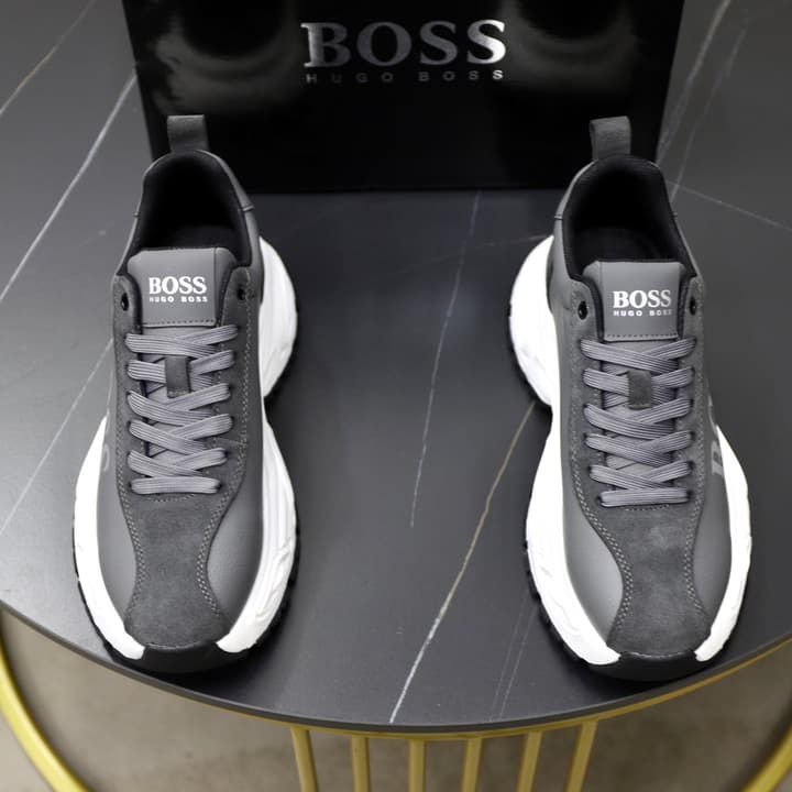 Boss Men's Luxury Running Sneakers in Black Mesh With White Sole