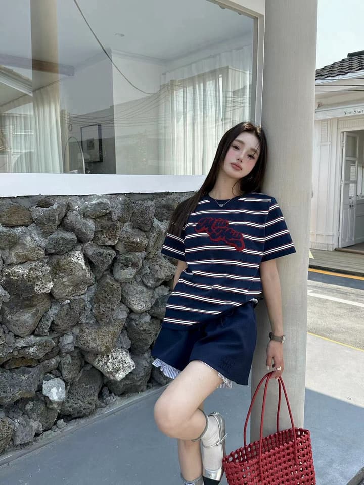 Miu Miu Embroidered Striped T-Shirt in Cream Striped