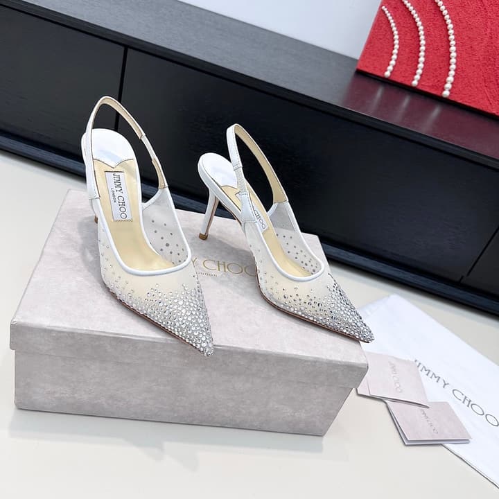 Jimmy Choo Mesh Rhinestone Slingback Heels – Spring/Summer Collection in Pure White