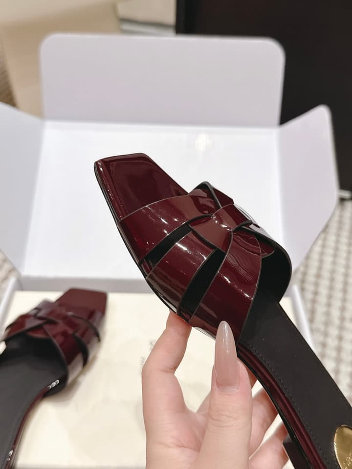 Saint Laurent Melody Square Toe Flat Sandals – 2026SS in Burgundy Patent
