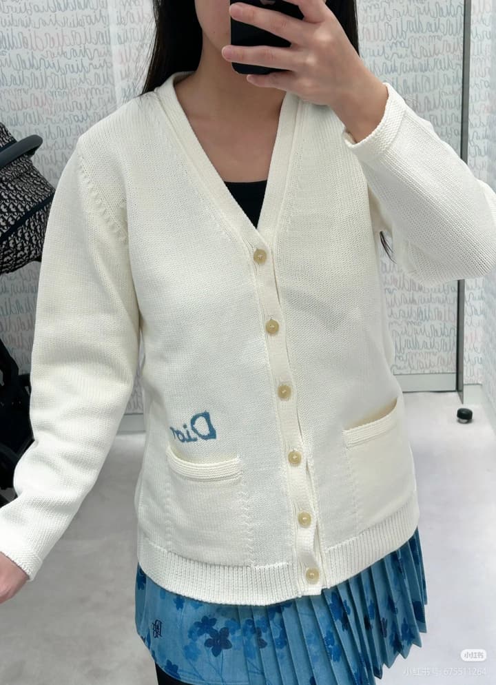 Dior CD Letter Embroidered Knit Cardigan – 2025 Fall in Cream Beige
