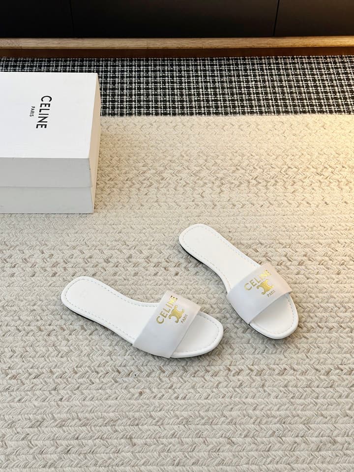 Celine Minimalist Triomphe Flat Sandals – Summer Collection in White