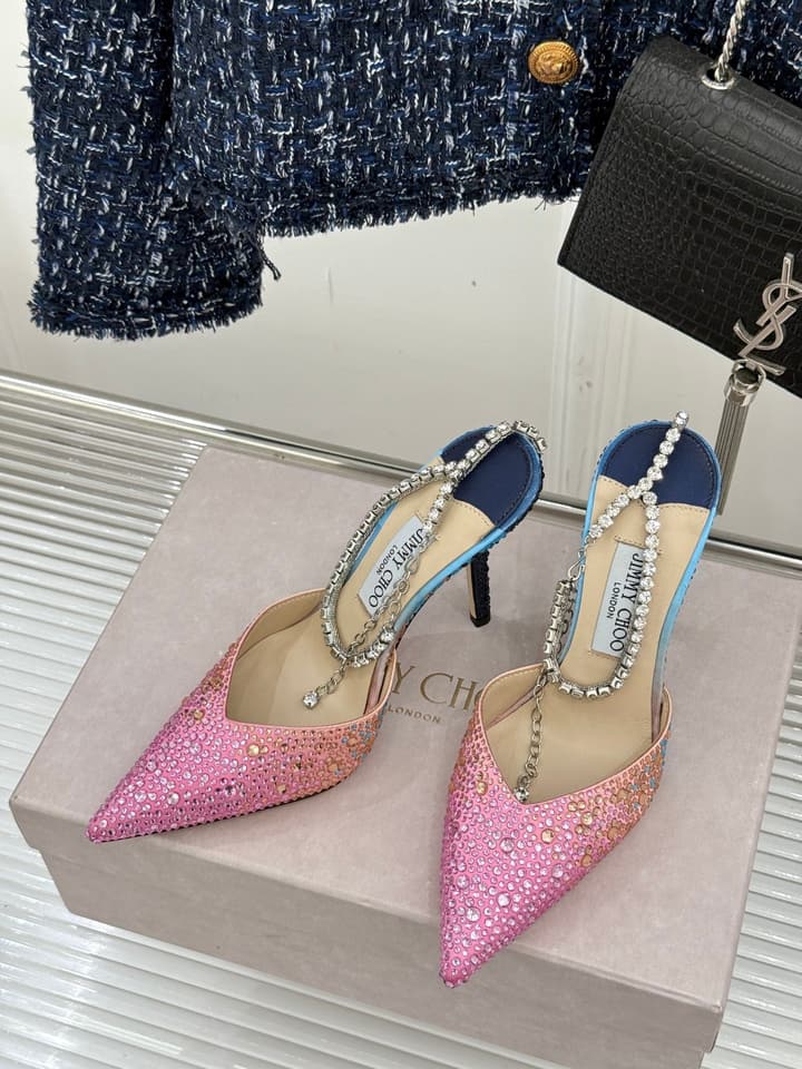 Jimmy Choo Classic Crystal Pointed High-Heeled Sandals in Lavender Yellow Ombre