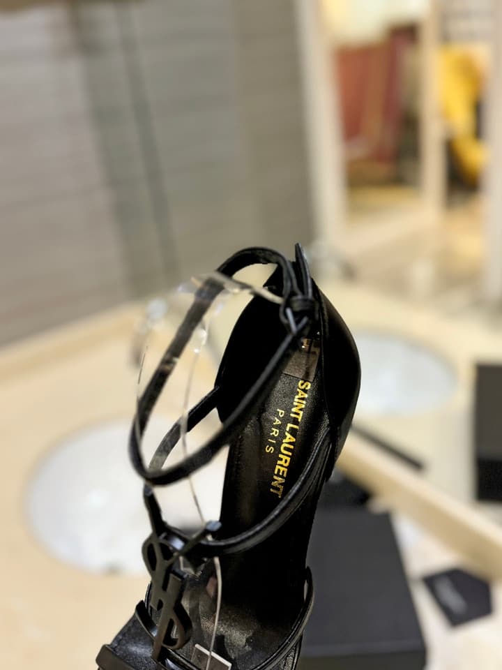 Saint Laurent YSL Logo Lacquer Heeled Sandals in Black Matte With Black Logo