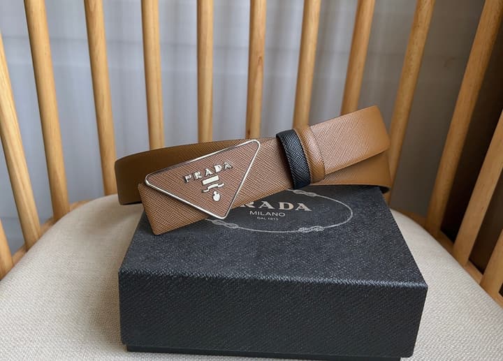 Prada Triangle Logo Buckle Belt in Classic Camel Leather