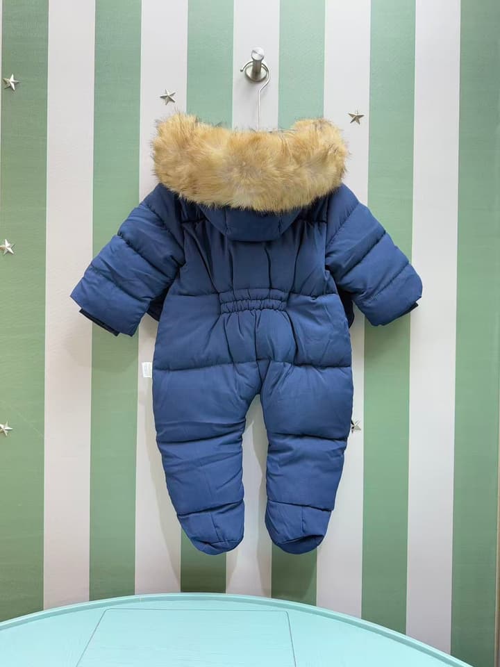 Moncler Classic Infant Padded Romper – 2025FW in Deep Blue With Fur Trim