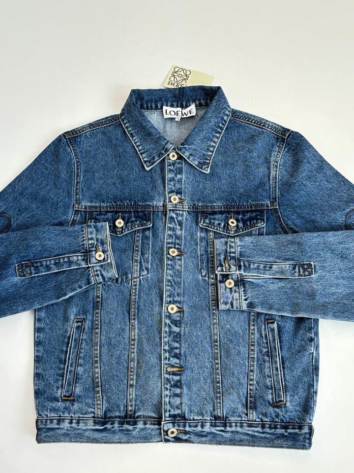 Loewe Embroidered Washed Distressed Denim Jacket in Washed Black