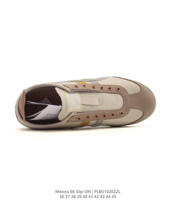Onitsuka Tiger Mexico 66 Slip-On Canvas Sneakers in Cream Canvas With Gold Stripes