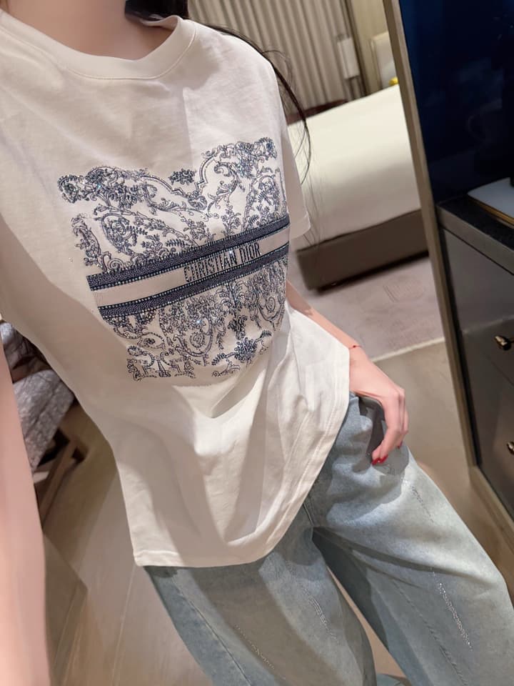 Dior Butterfly and Letter Print Rhinestone T-Shirt in White With Blue Print
