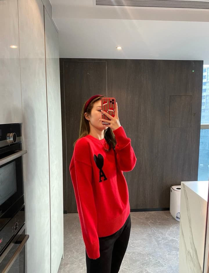 AMI Paris Heart Logo Knitted Sweater in Vibrant Red