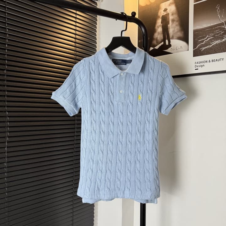Ralph Lauren Pony Embroidered Cable-Knit Polo Shirt in Baby Blue