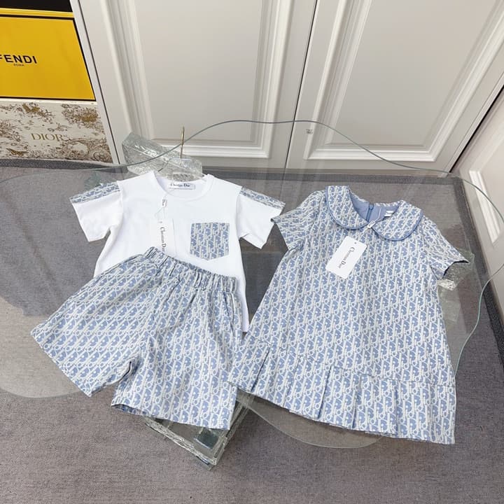 Dior Kids Monogram Pleated Dress Sibling Set – 2026SS – Kids Collection in Light Blue Monogram