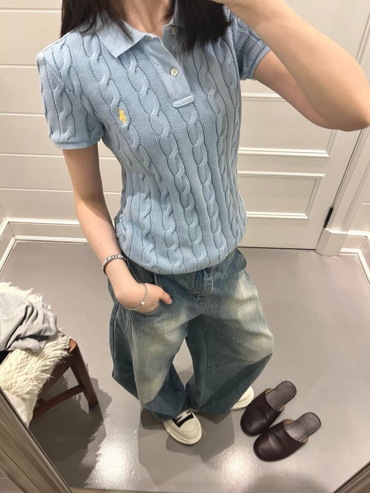 Ralph Lauren Pony Embroidered Cable-Knit Polo Shirt in Baby Blue