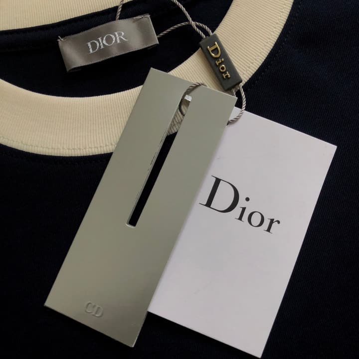 Dior Embroidered Logo T-Shirt – 2026SS in Apricot Ringer With Navy Collar