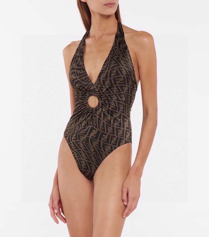Fendi Versatile Backless One-Piece Swimsuit in Black Halter Plunge