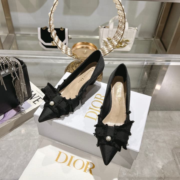 Dior Adiorable Bow Pearl Wedge Pumps in Black Ruffled Bow