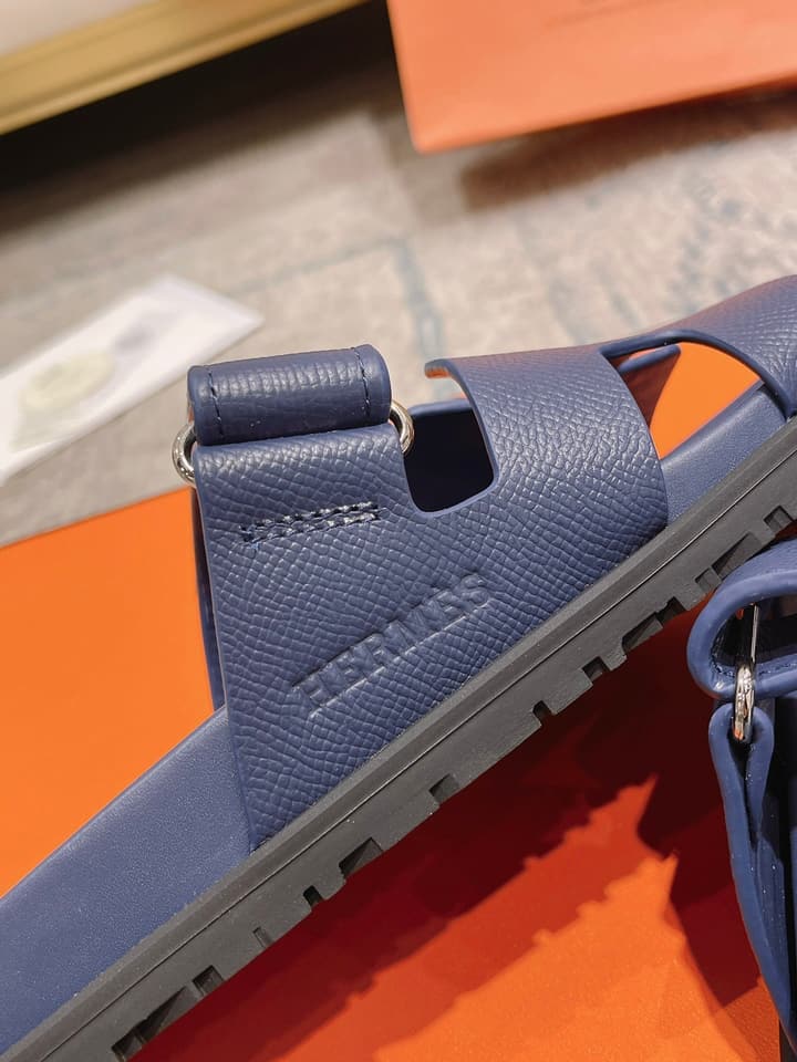 Hermès Chypre Suede Unisex Slides in Black With Dark Blue Strap