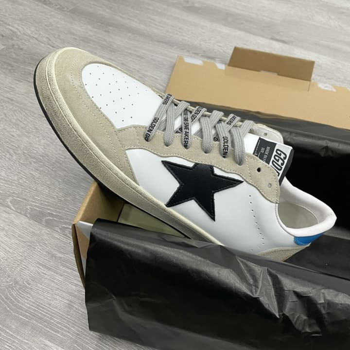 Golden Goose Ball Star Distressed Sneakers – 2023 Spring Collection in White Distressed With Blue Heel And Black Star