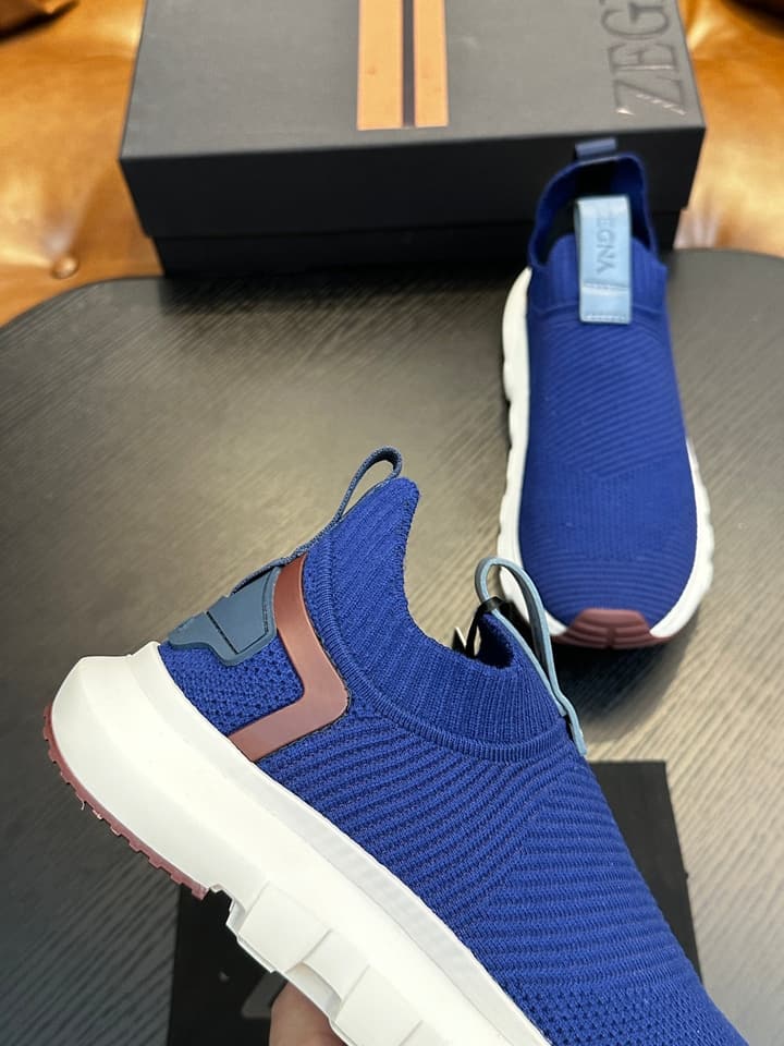 Zegna Techmerino Slip-On Sneakers in Dark Navy With Green Accent