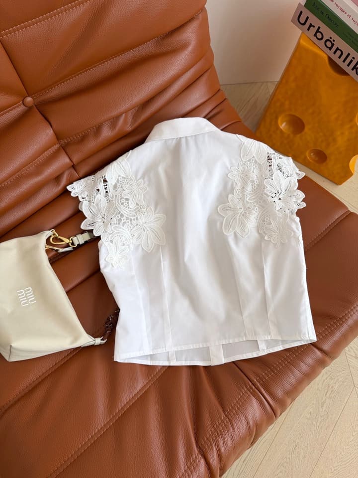 Celine Lace-Spliced Cropped Shirt – Spring/Summer Collection – 26SS in White