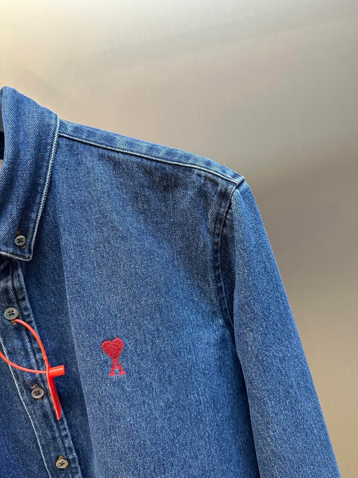 Ami Paris Denim Shirt Jacket with Ami De Coeur Patch in Distressed Denim Blue