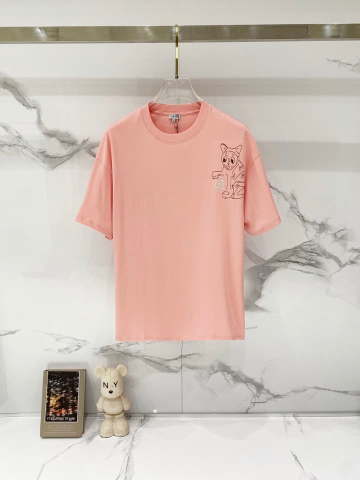 Loewe Cat Embroidery Cotton T-Shirt in Apricot