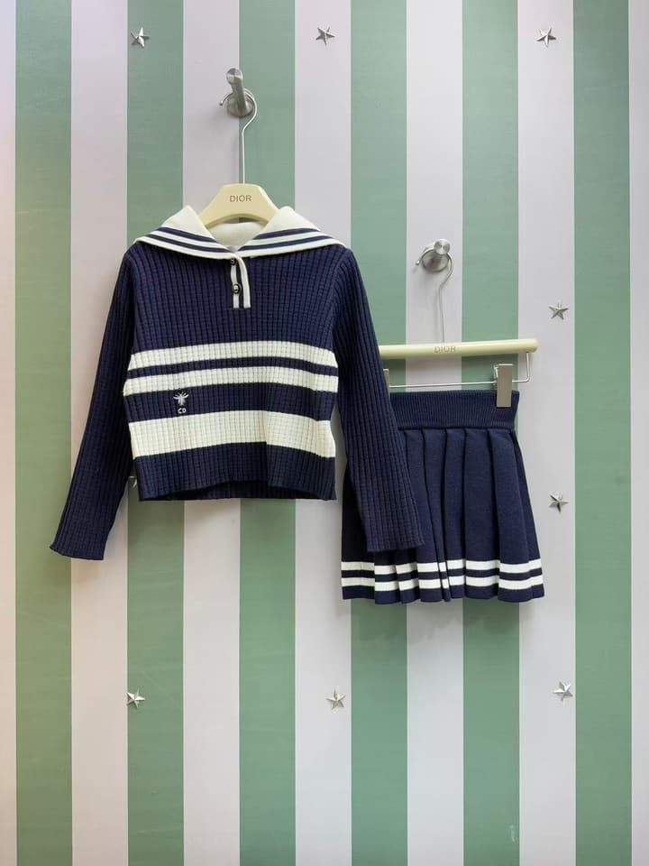 Dior Girls' Knit Cardigan and Skirt Set – 2025SS in Navy Blue With White Stripe