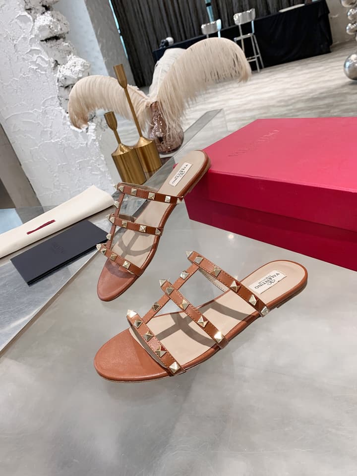 Valentino Studded Sheepskin Flat Sandals in Black