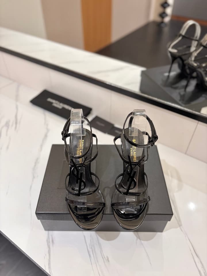 Saint Laurent YSL Logo Mirror Leather Heeled Sandals in Black With Black Logo