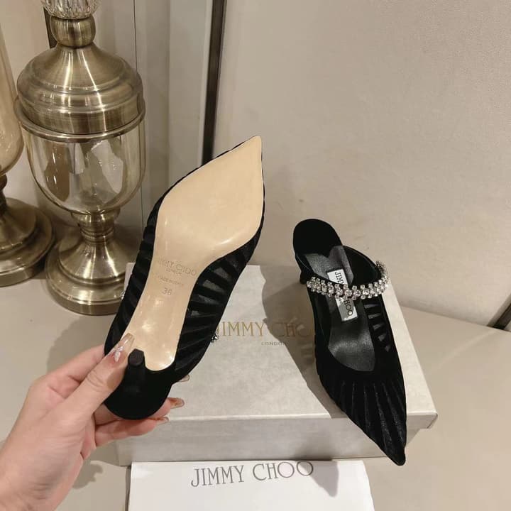 Jimmy Choo Pointed Toe Crystal Heeled Sandals – 2025 Collection in Black Suede