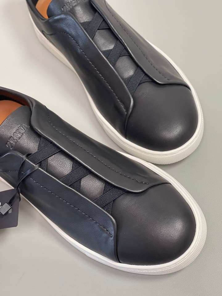 Zegna SECONDSKIN Triple Stitch Low-Top Sneakers in Navy Smooth Leather