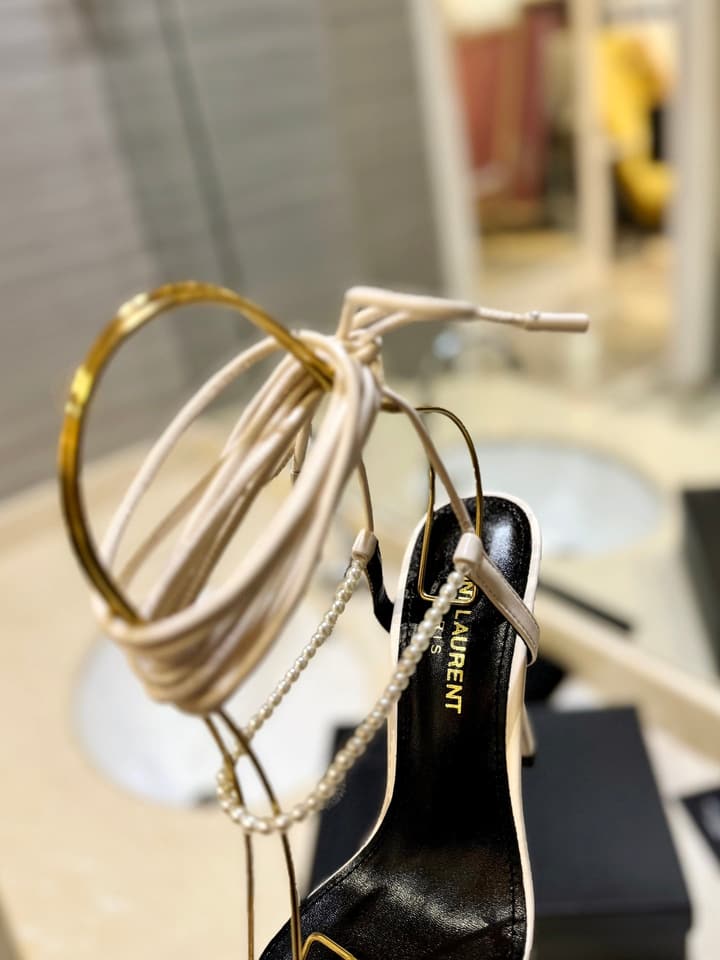 Saint Laurent YSL Pearl Strappy Heeled Sandals in All Black