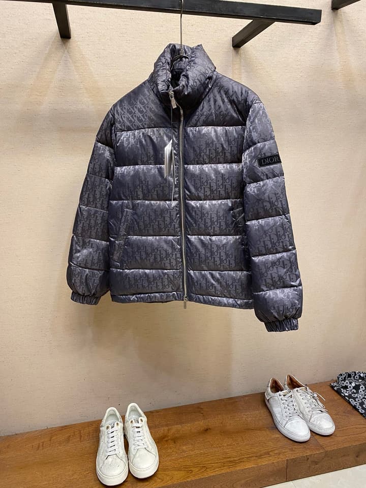 Dior Jacquard Logo Unisex Down Puffer Jacket in Dark Gray Jacquard
