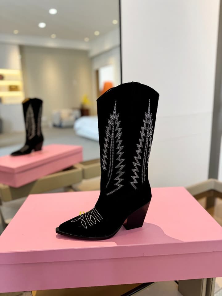 Paris Texas Embroidered Knee-High Boots in Black Suede