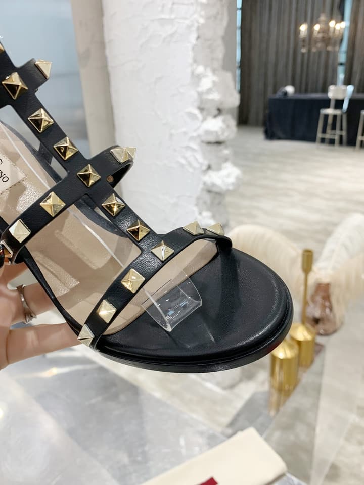 Valentino Studded Classic Block Heel Sandals in Black With Black Studs 6.5cm Heel