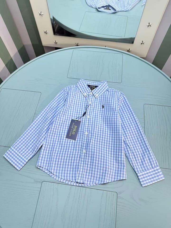 Ralph Lauren Polo Kids Embroidered Shirt – 2025SS – Kids Collection in White And Blue Gingham