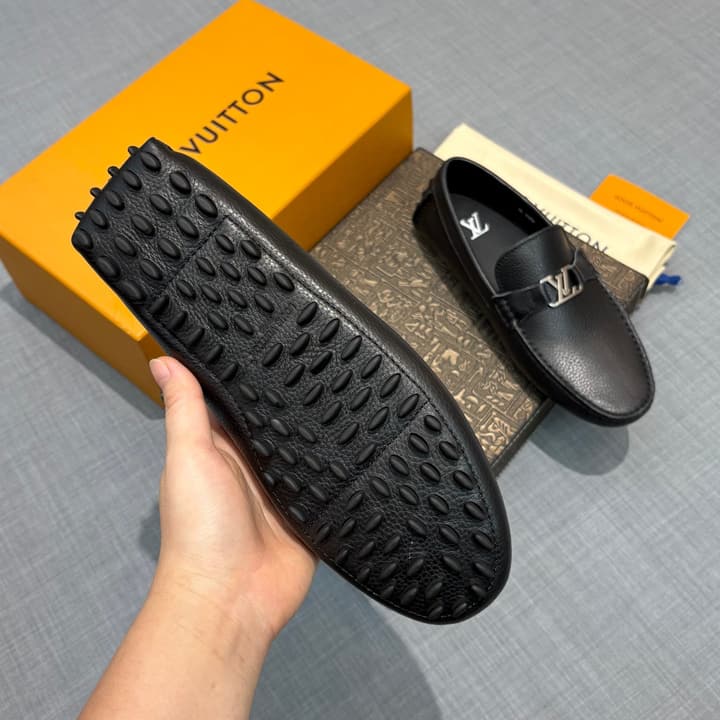 Louis Vuitton Men's Grained Leather Driving Shoes in Dark Gunmetal Hardware
