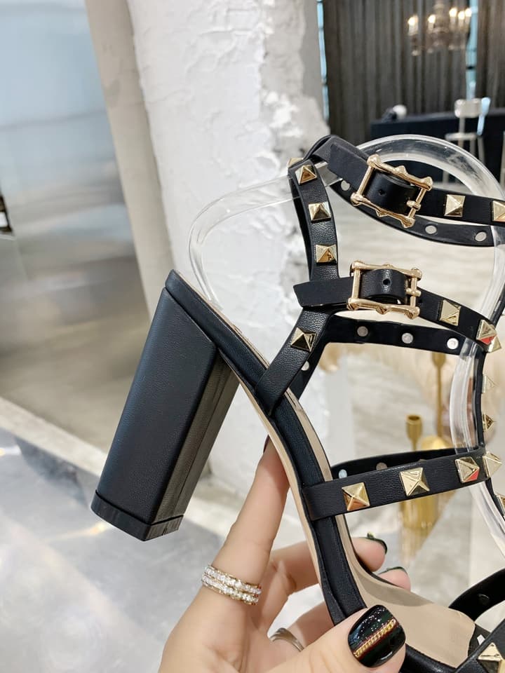 Valentino Studded Classic Block Heel Sandals in Black With Black Studs 6.5cm Heel