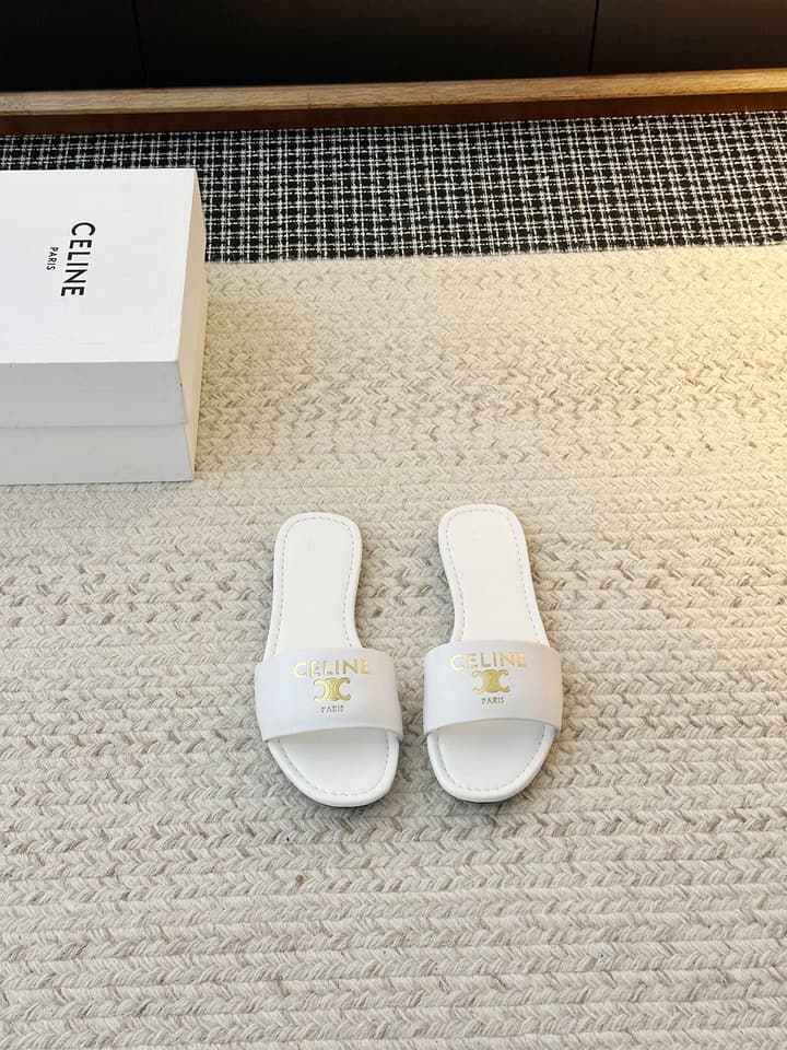 Celine Minimalist Triomphe Flat Sandals – Summer Collection in White