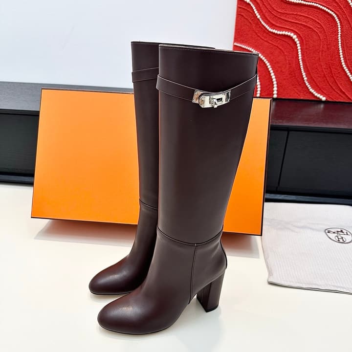 Hermès Kelly Buckle High Heel Knee-High Boots in Black Leather