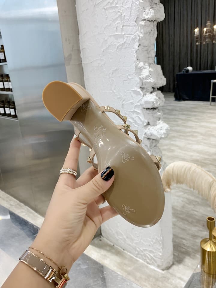 Valentino Rockstud Classic Block Heel Sandals in Nude With Gold Studs