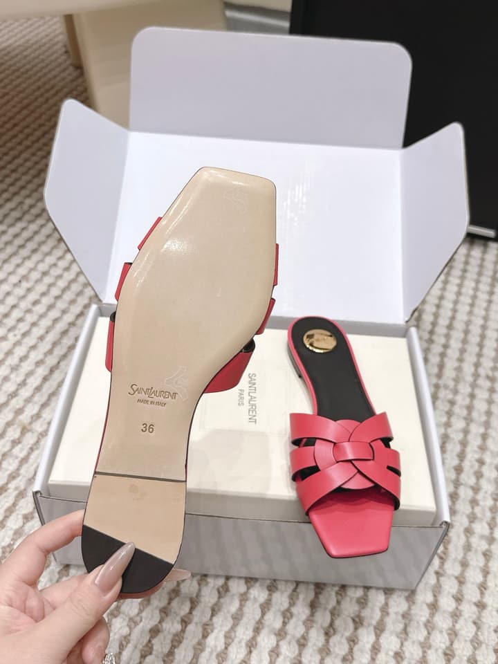 Saint Laurent Melody Square Toe Flat Sandals – 2026SS in Burgundy Patent