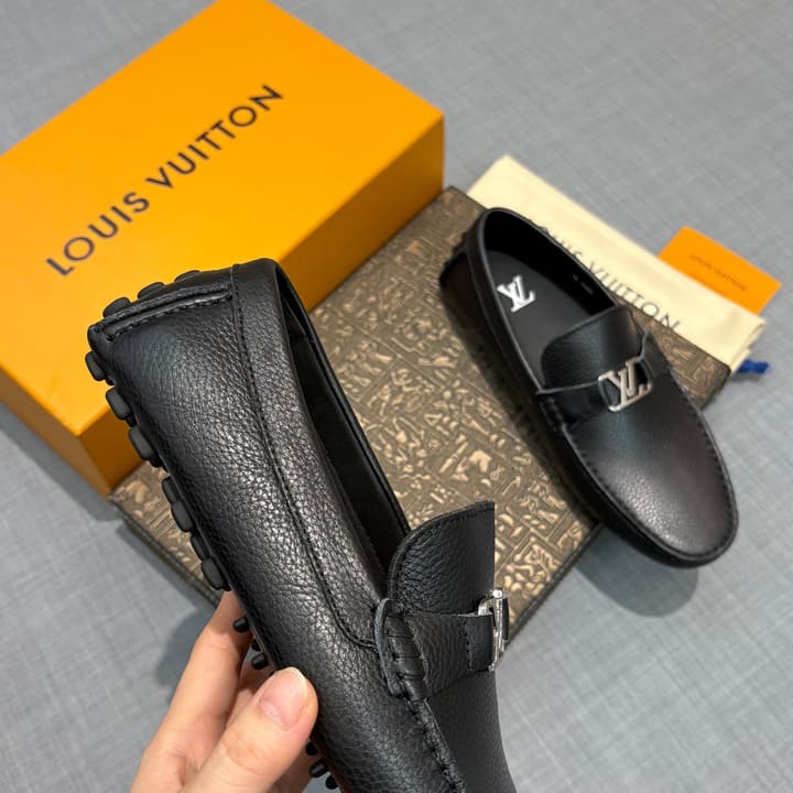 Louis Vuitton Men's Grained Leather Driving Shoes in Dark Gunmetal Hardware