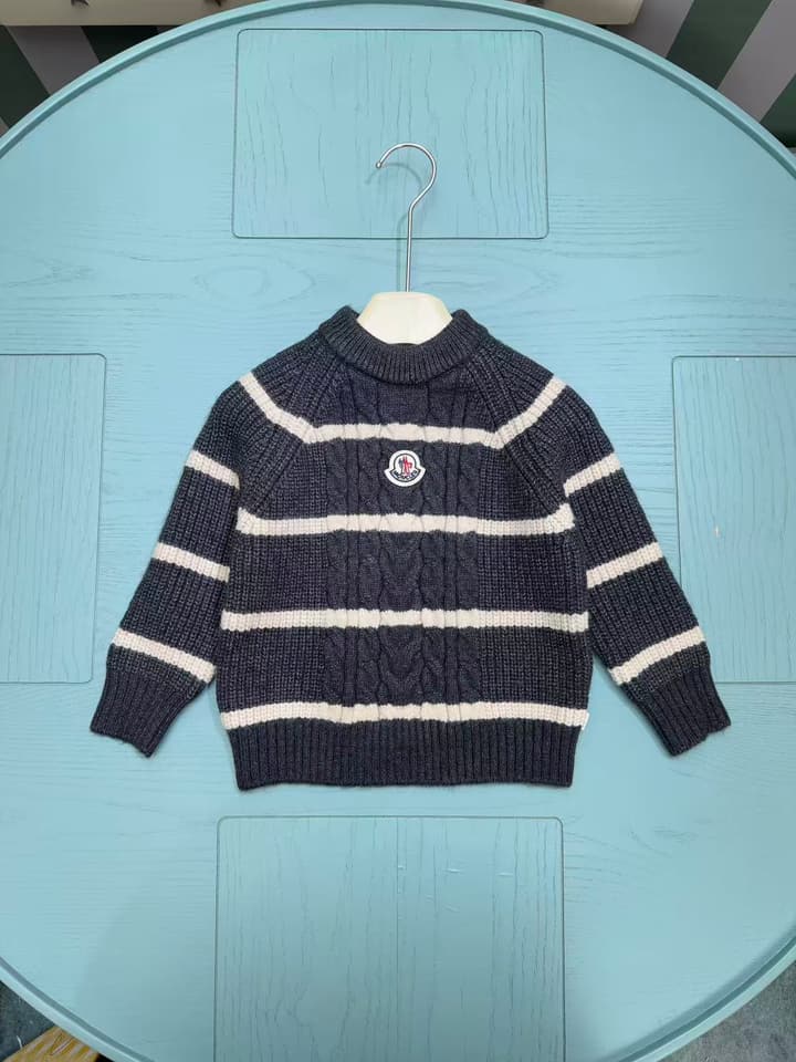 Moncler Classic Logo Kids Knit Sweater – 2025SS in Navy Blue And Cream Stripe