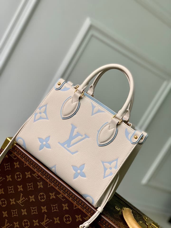 Louis Vuitton ONTHEGO Small Monogram Tote Bag in Cream With Blue Monogram