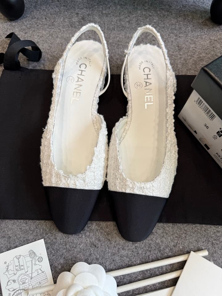 Chanel Classic Slingback Heels in Bright Black And White Tweed