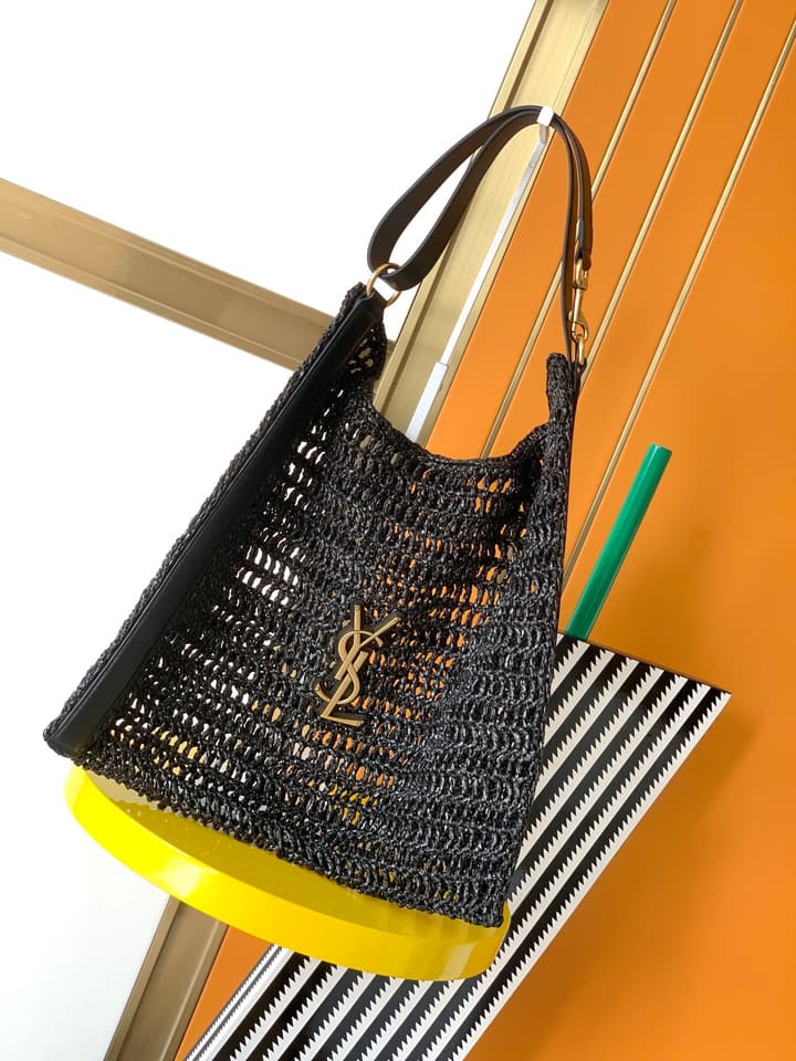 Saint Laurent OXALIS Raffia Crochet Shoulder Bag in Black
