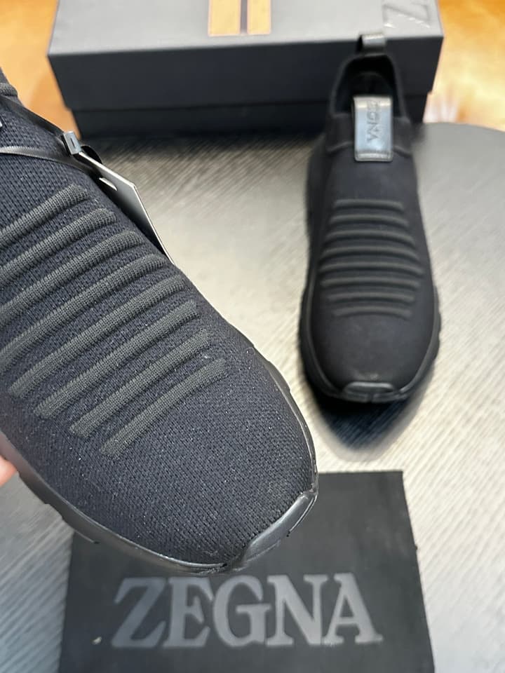 Zegna Techmerino Slip-On Sneakers in Dark Navy With Green Accent