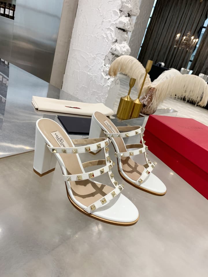 Valentino Studded Classic Block Heel Sandals in Beige
