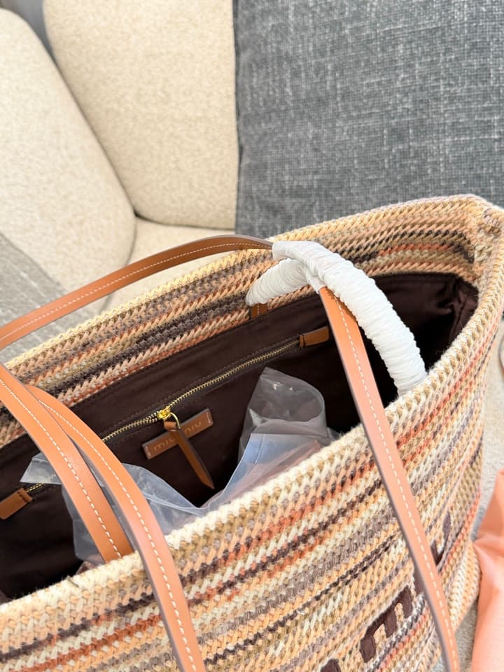 Miu Miu Knit Woven Tote Bag – Vacation Collection in Milk Tea Multi-Color Knit